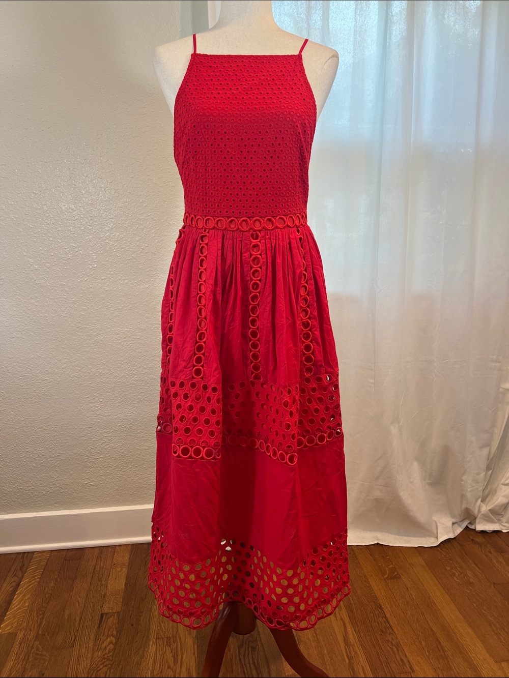 English Factory Red Eyelet and Lace Midi Dress. Size S. NWOT. Callout